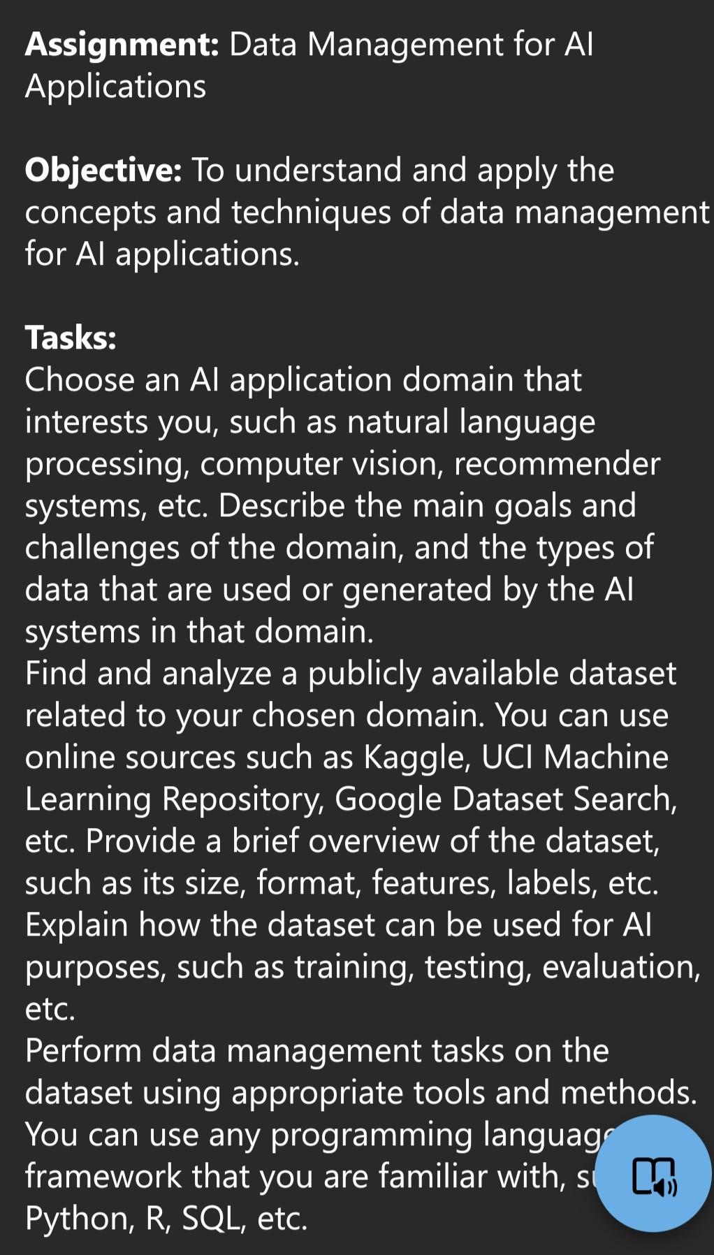  Assignment: Data Management for Al Applications Objective: To understand and apply