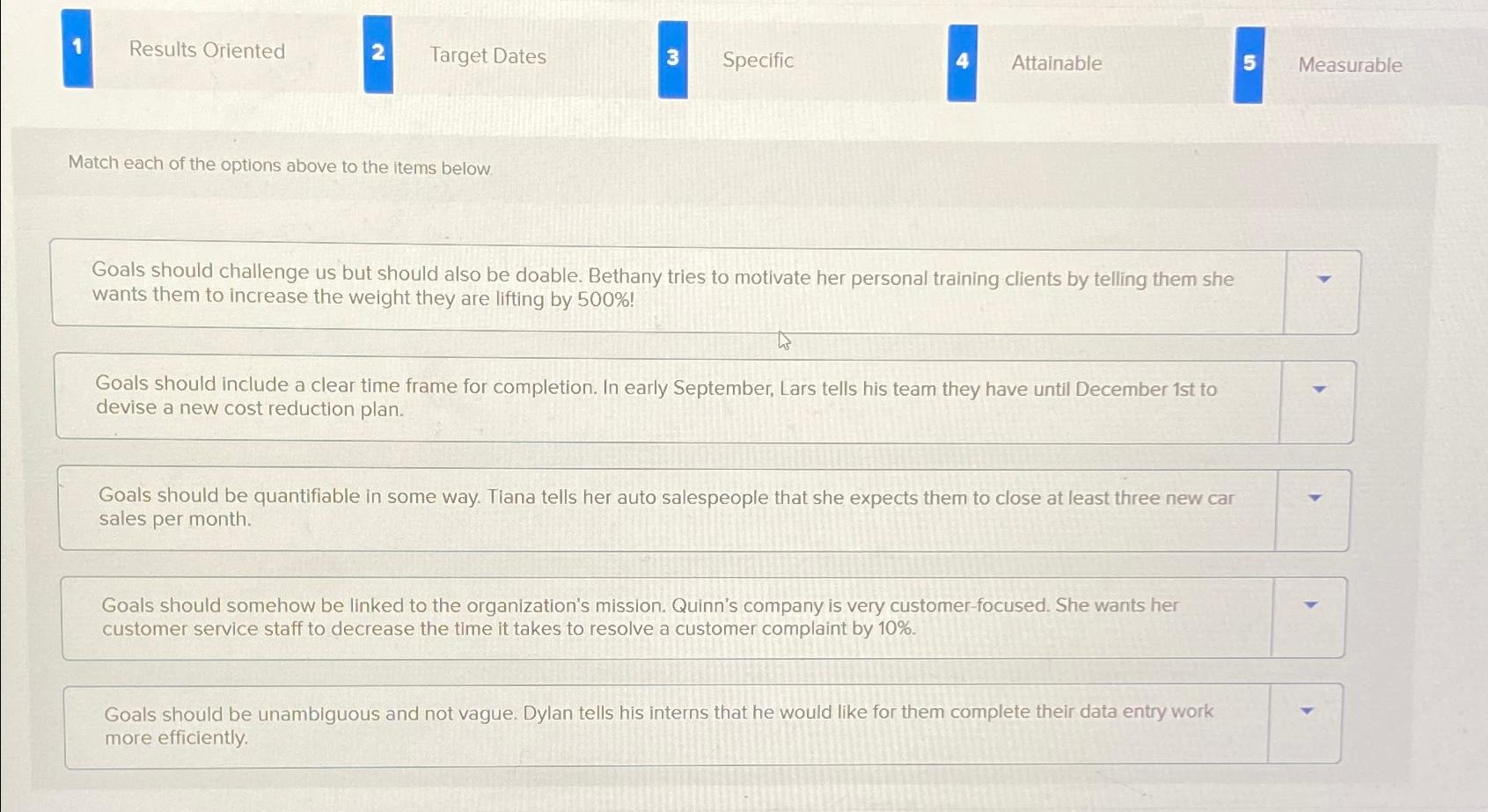  Results Oriented 2 Target Dates 3 Specific Attainable Measurable Match each