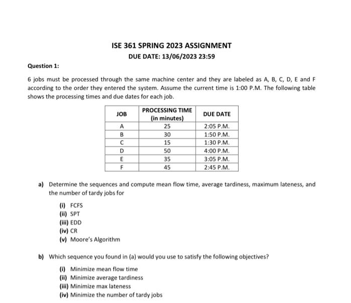  Question 1: ISE 361 SPRING 2023 ASSIGNMENT DUE DATE: 13/06/2023 23:59