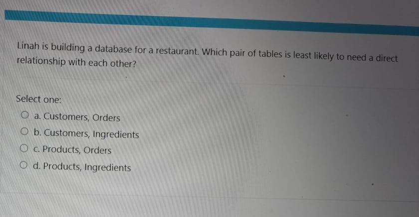  Linah is building a database for a restaurant. Which pair of