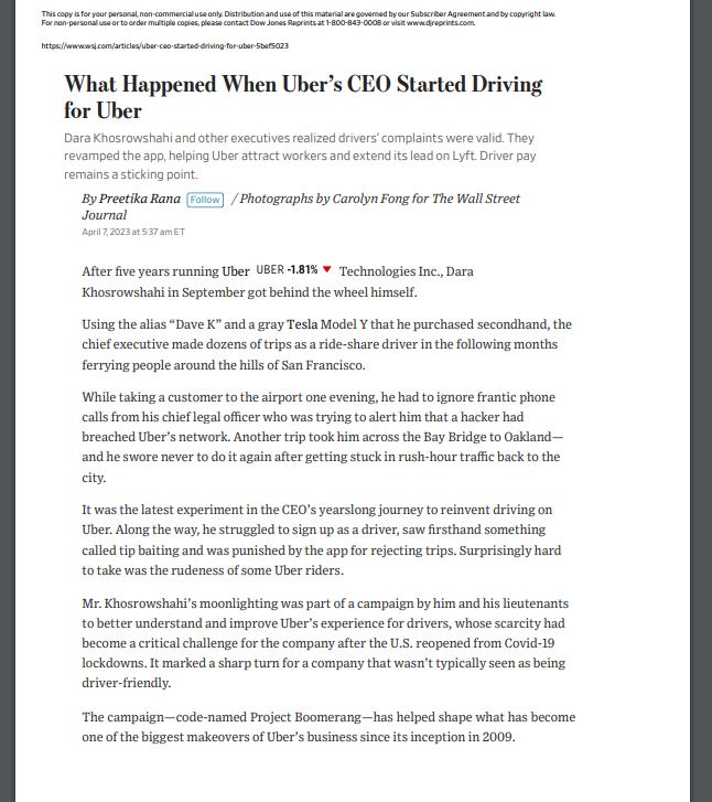 Article: What Happened When Uber's CEO Started Driving for Uber 1. Analyze