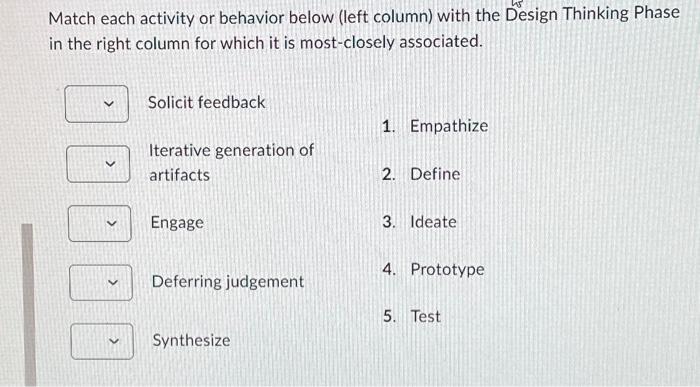  Match each activity or behavior below (left column) with the Design