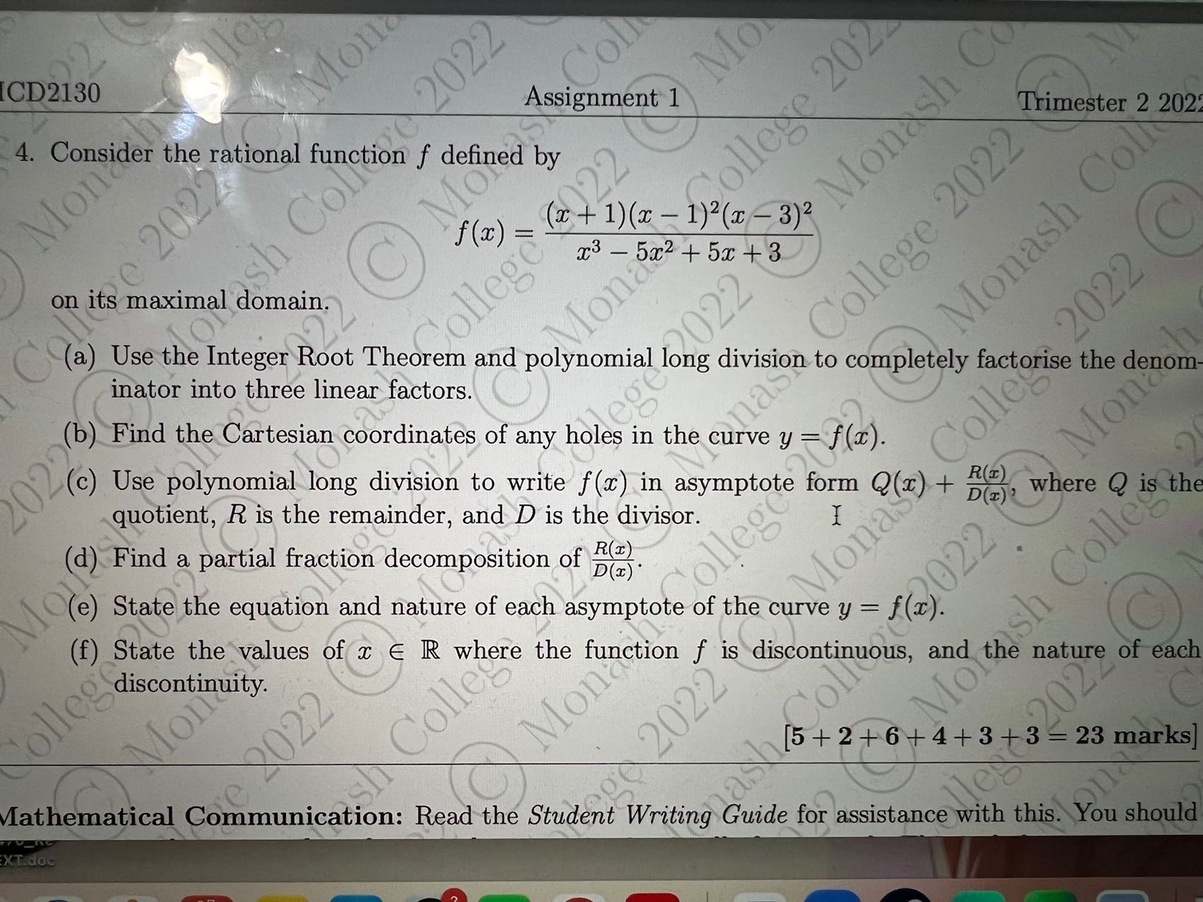  ICD2130 Mon Mor 2022 4. Consider the rational function f defined