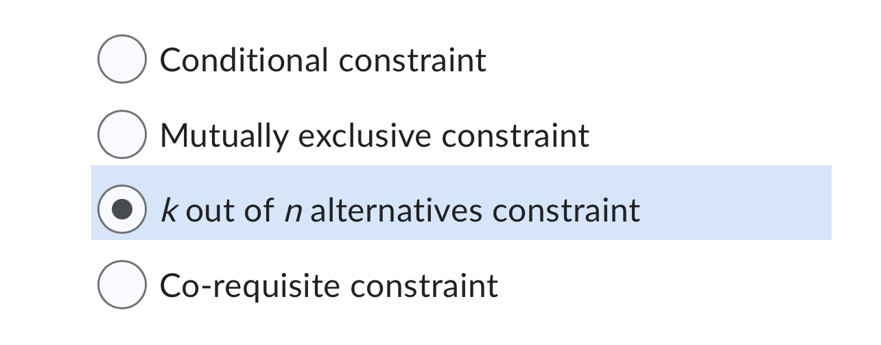 ______ is a constraint requiring that two binary variables be equal and