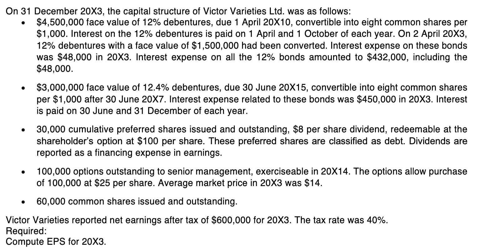  On 31 December 20X3, the capital structure of Victor Varieties Ltd.