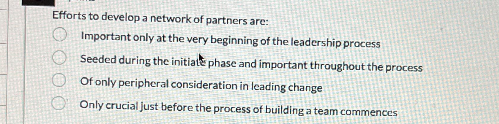  Efforts to develop a network of partners are: Important only at