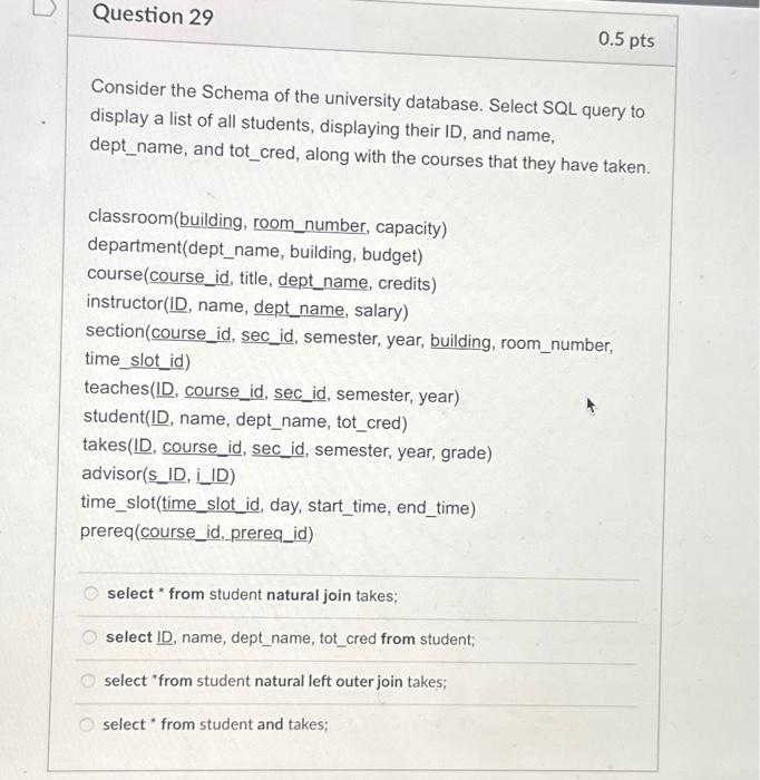  Consider the Schema of the university database. Select SQL query to