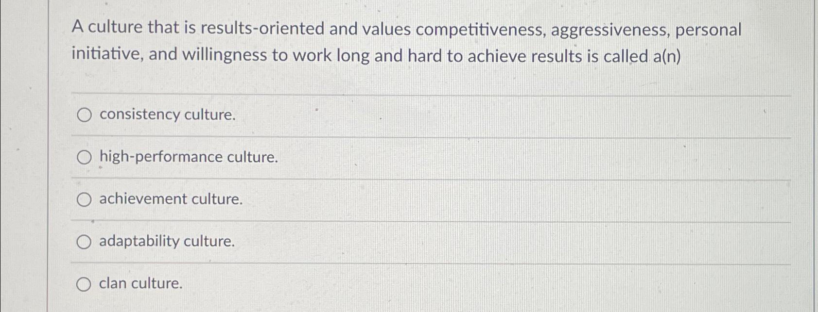  A culture that is results-oriented and values competitiveness, aggressiveness, personal initiative,