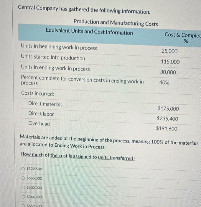 how do u do this Central Company has gathered the following information.