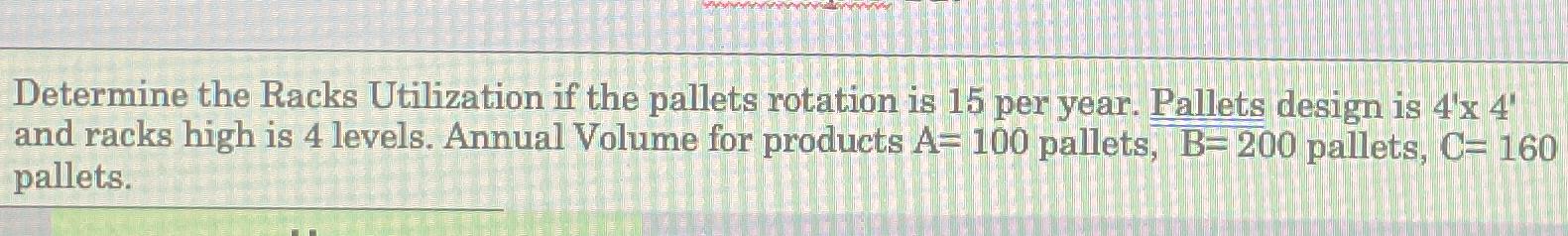  Determine the Racks Utilization if the pallets rotation is 15 per