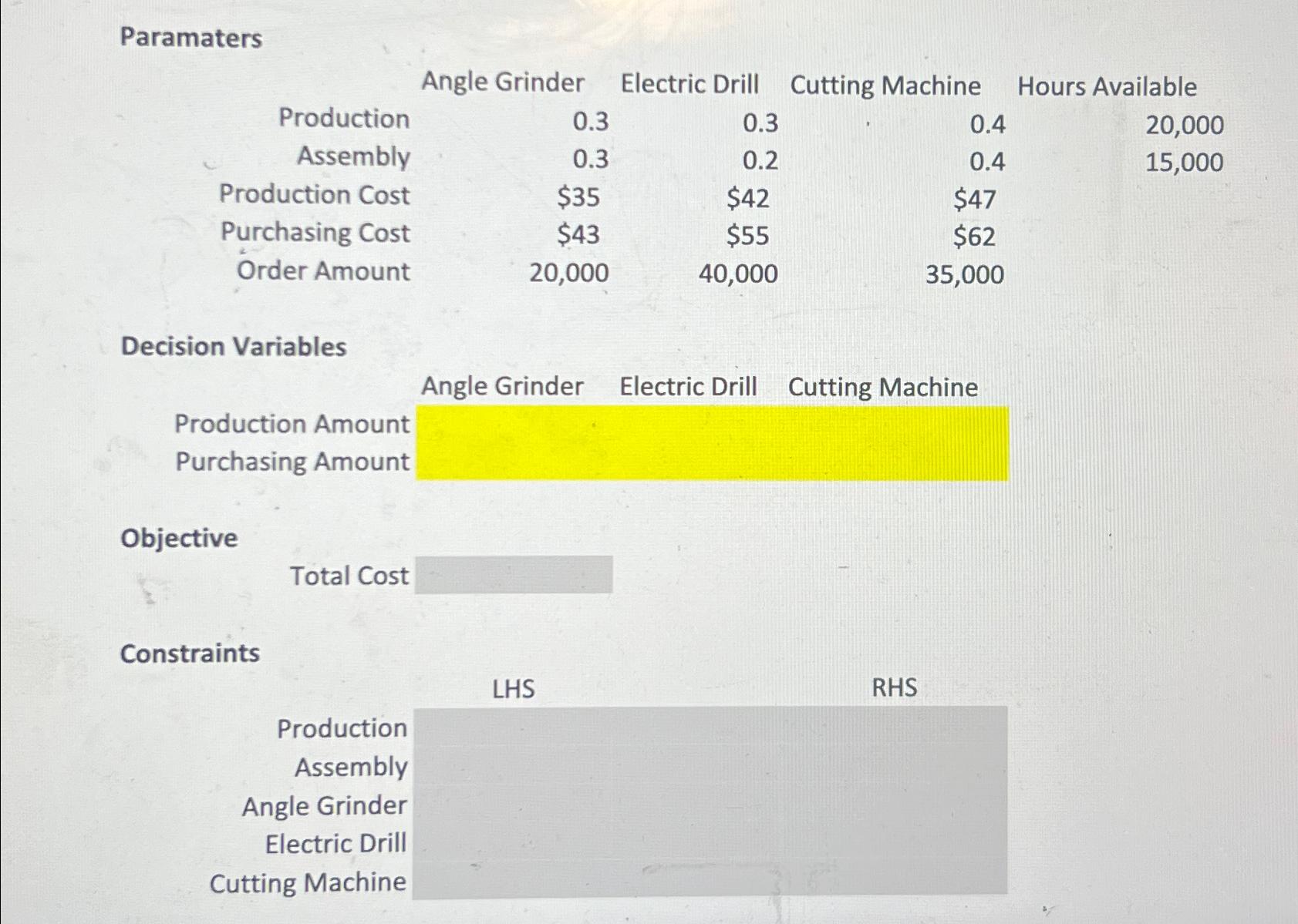  Paramaters \table[[,Angle Grinder,Electric Drill,Cutting Machine,Hours Available],[Production,0.3,0.3,0.4,20,000],[Assembly,0.3,0.2,0.4,15,000],[Production Cost,$35,$42,$47,],[Purchasing Cost,$43,$55,$62,],[Order Amount,20,000,40,000,35,000,]] Decision Variables
