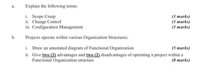 project management course a. Explain the following terms: i. Scope Creep ii.