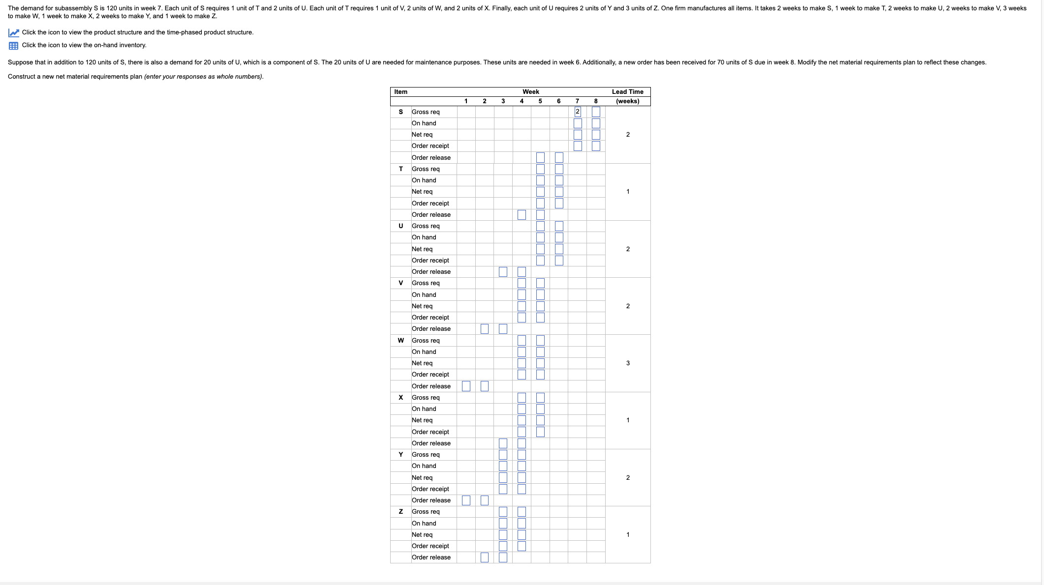 to make W,1 week to make X,2 weeks to make Y,