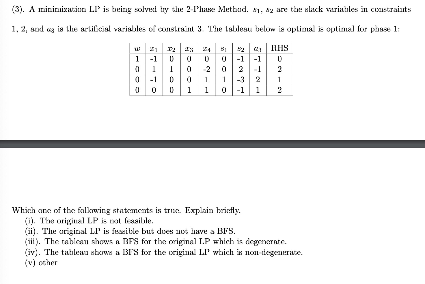  (3). A minimization LP is being solved by the 2-Phase Method.