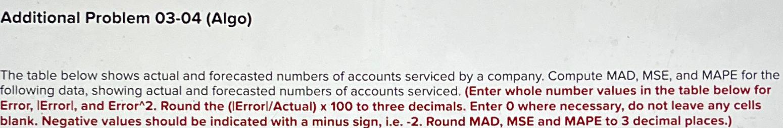  Additional Problem 03-04(Algo) The table below shows actual and forecasted numbers
