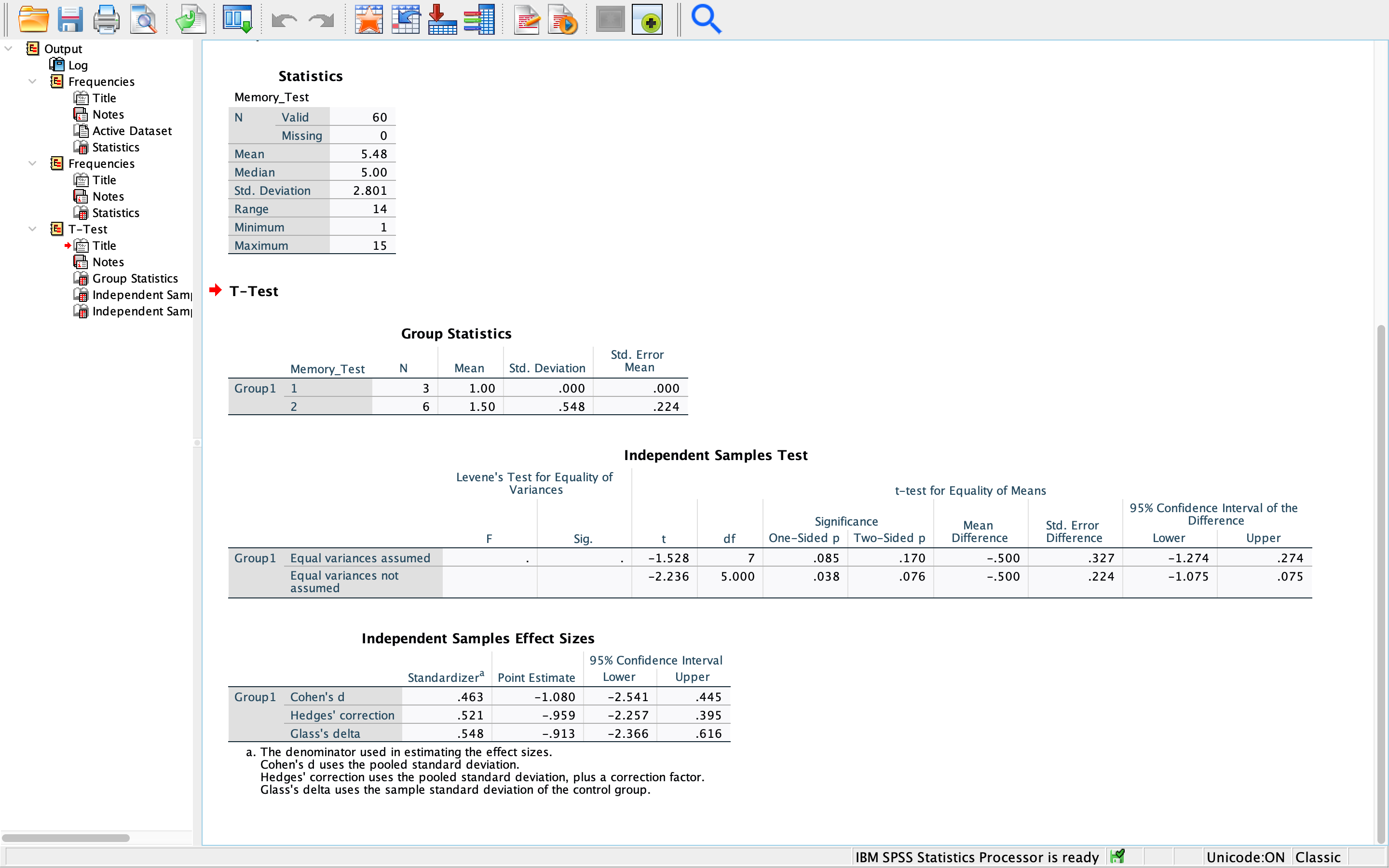  ......... Output LA Log Frequencies Statistics Title Memory_Test Notes N Valid