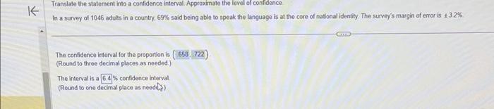 confidence. In a survey of 1046 aduhs in a country. 69% said