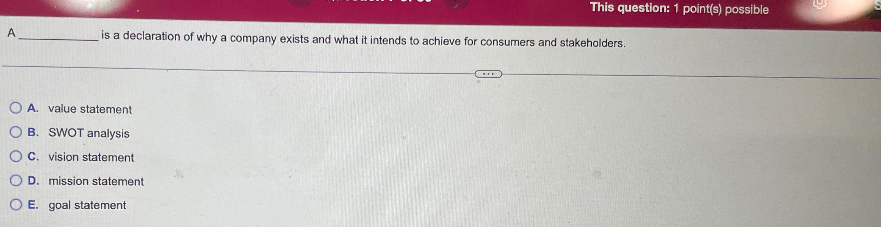  This question: 1 point(s) possible A is a declaration of why