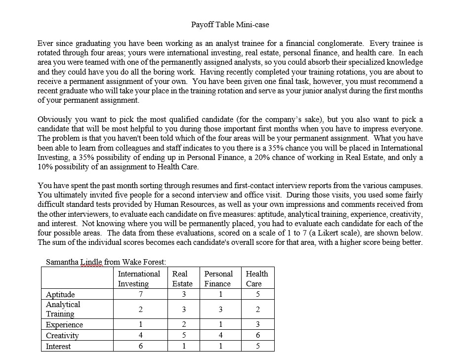  Payoff Table Min-case Ever since graduating you have been working as