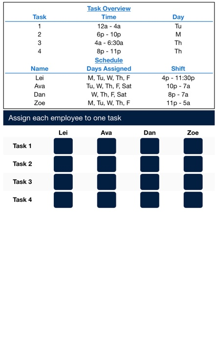 Task Overview Task Time Day 12a - 4a Tu 6p -