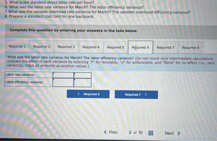 the requirements.) 1. What is the standard cost of a single backpack?