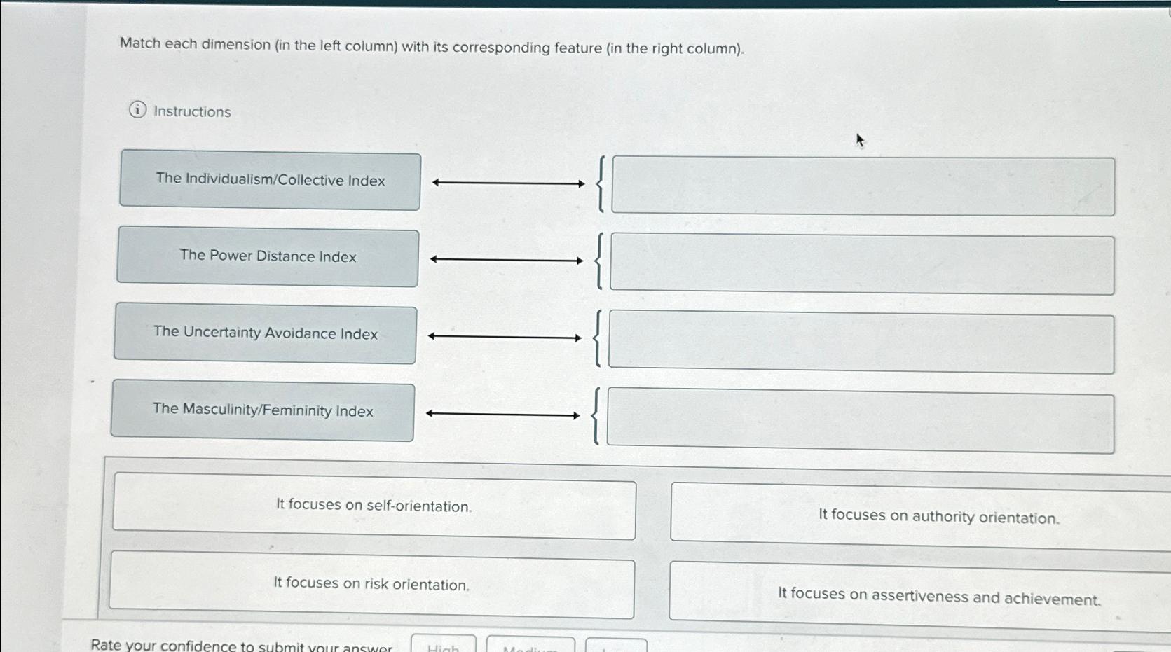  Match each dimension (in the left column) with its corresponding feature