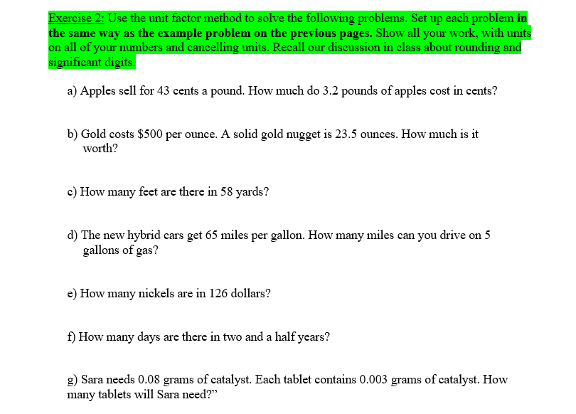  Exercise 2: Use the unit factor method to solve the following