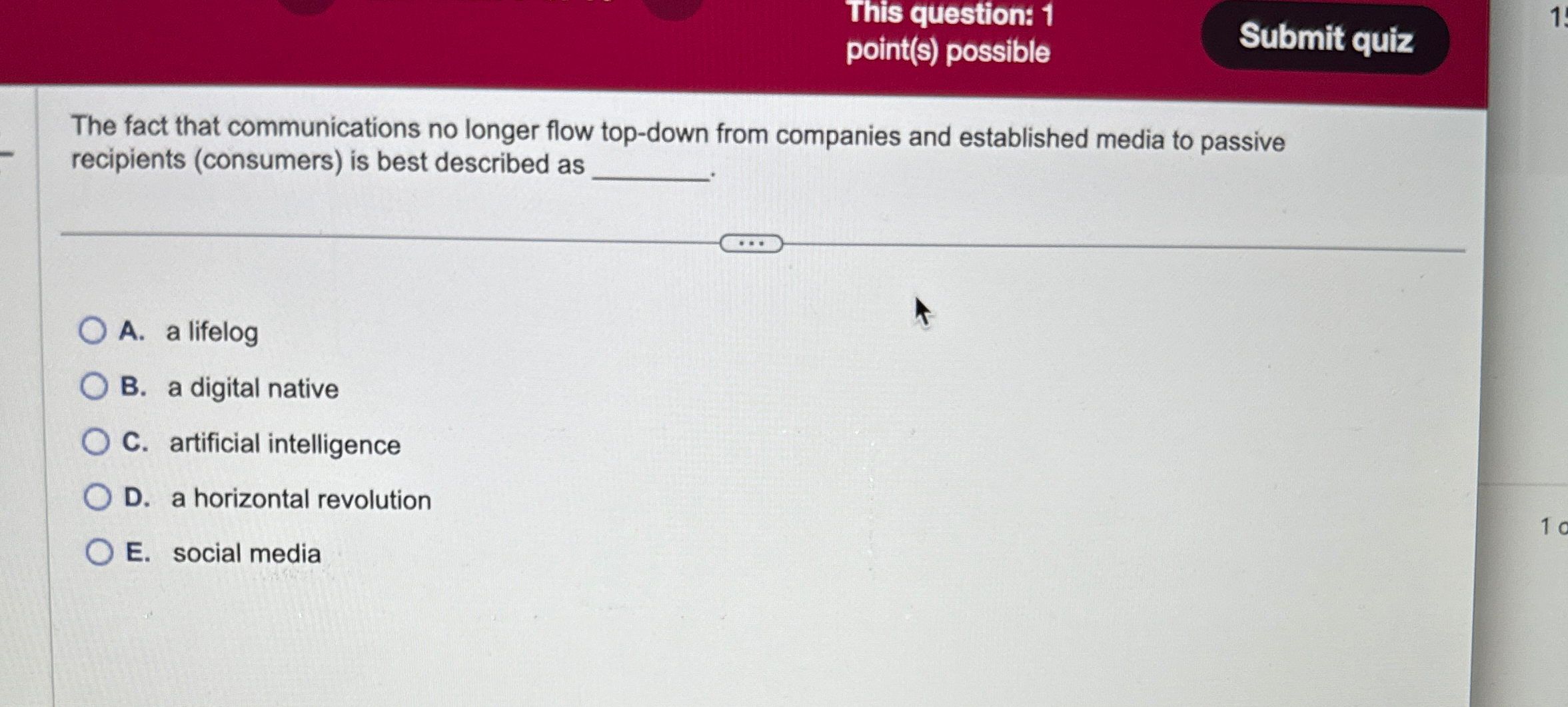  This question: 1 point(s) possible The fact that communications no longer