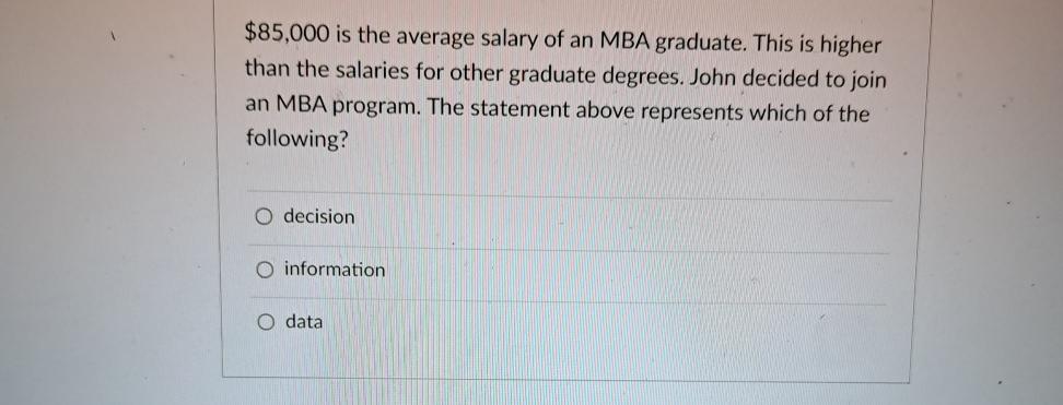  $85,000 is the average salary of an MBA graduate. This is