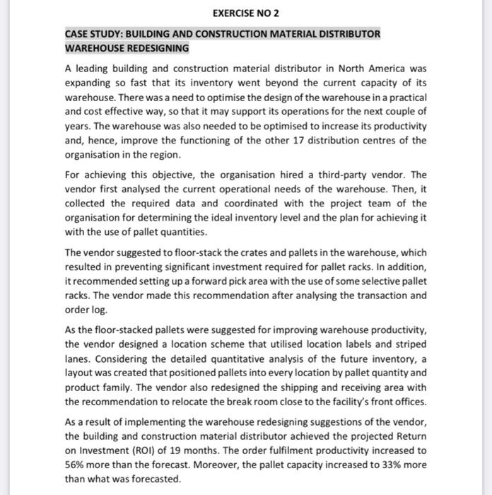  EXERCISE NO 2 CASE STUDY: BUILDING AND CONSTRUCTION MATERIAL DISTRIBUTOR WAREHOUSE