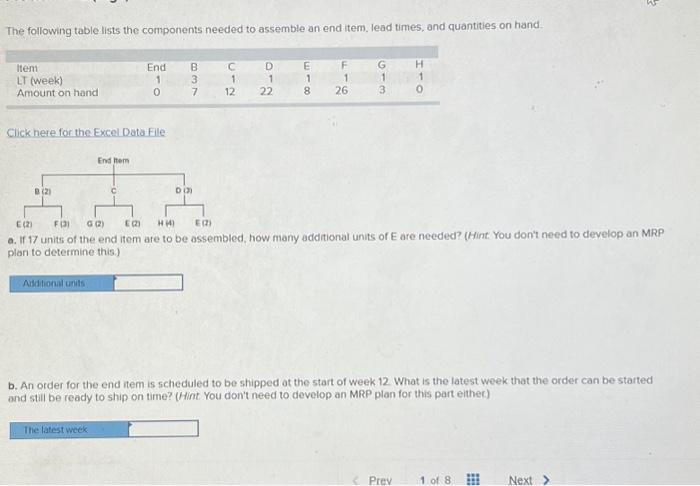 please show work The following table lists the components needed to assemble