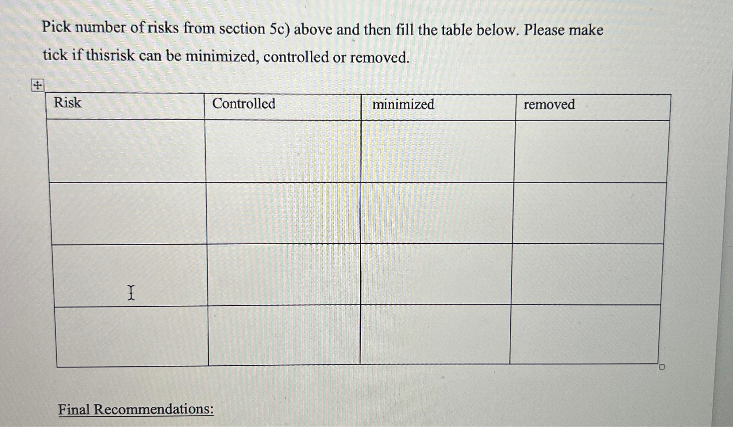 Pick number of risks from section 5c) above and then fill