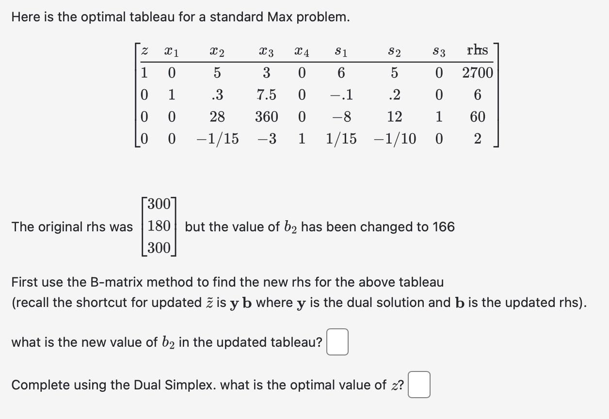  Here is the optimal tableau for a standard Max problem. The