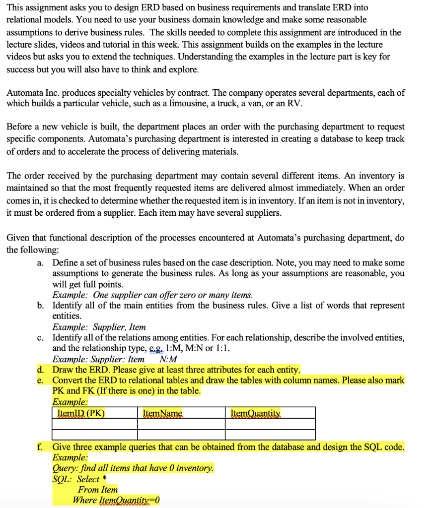 Please do highlighted portion, thanks! This assignment asks you to design ERD