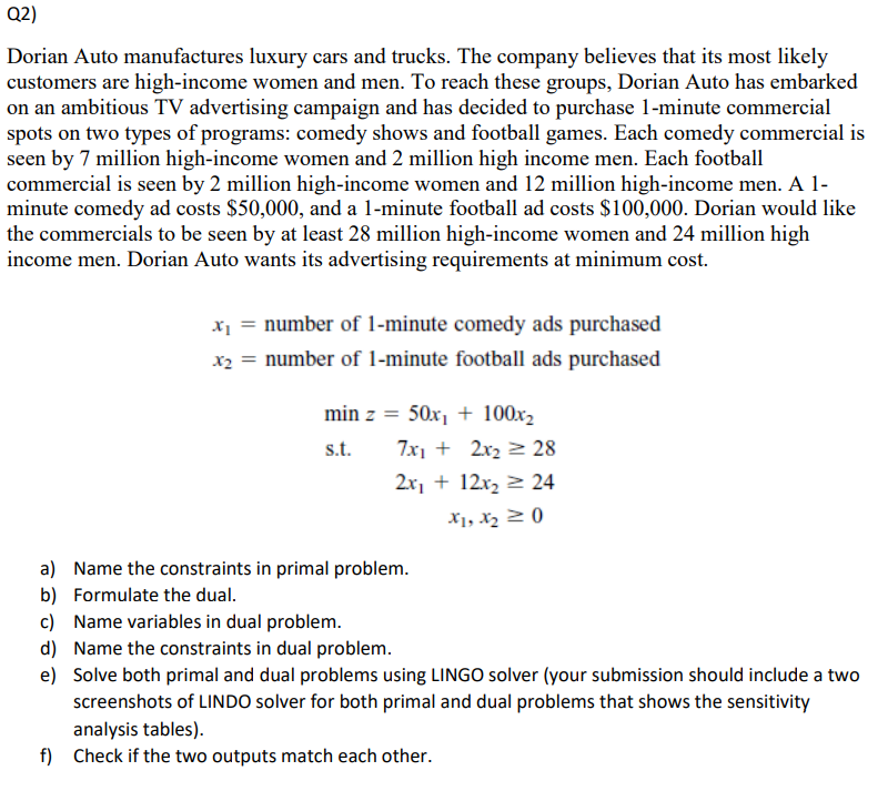 Solve and include LINGO input and output Dorian Auto manufactures luxury cars
