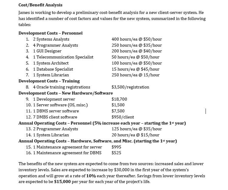  Cost/Benefit Analysis James is working to develop a preliminary cost-benefit analysis