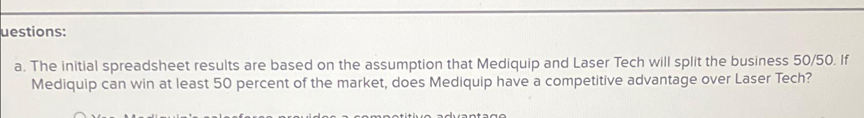  uestions: a. The initial spreadsheet results are based on the assumption