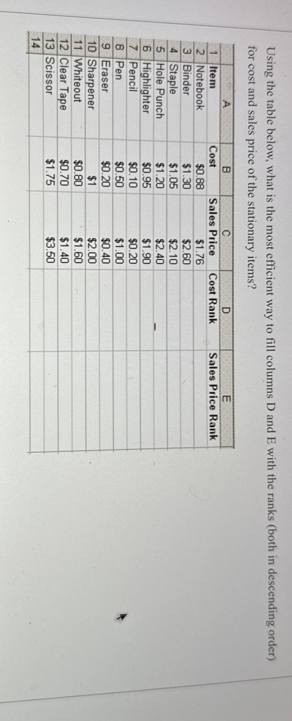  Using the table below, what is the most efficient way to