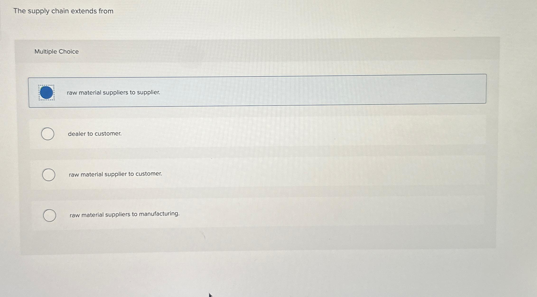  The supply chain extends from Multiple Choice raw material suppliers to