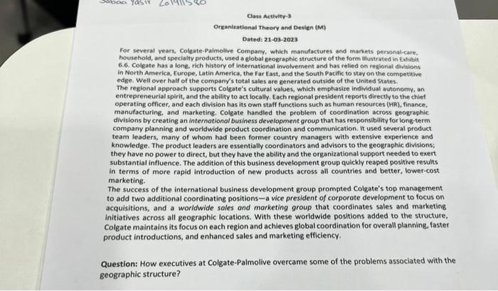  Class Activity-3 Oreanirational Theory and Desien (M) Dated: 21-03-2023 For several