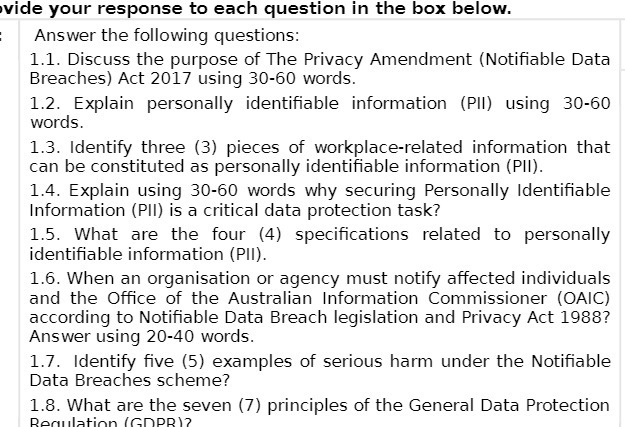 vide your response to each question in the box below. Answer