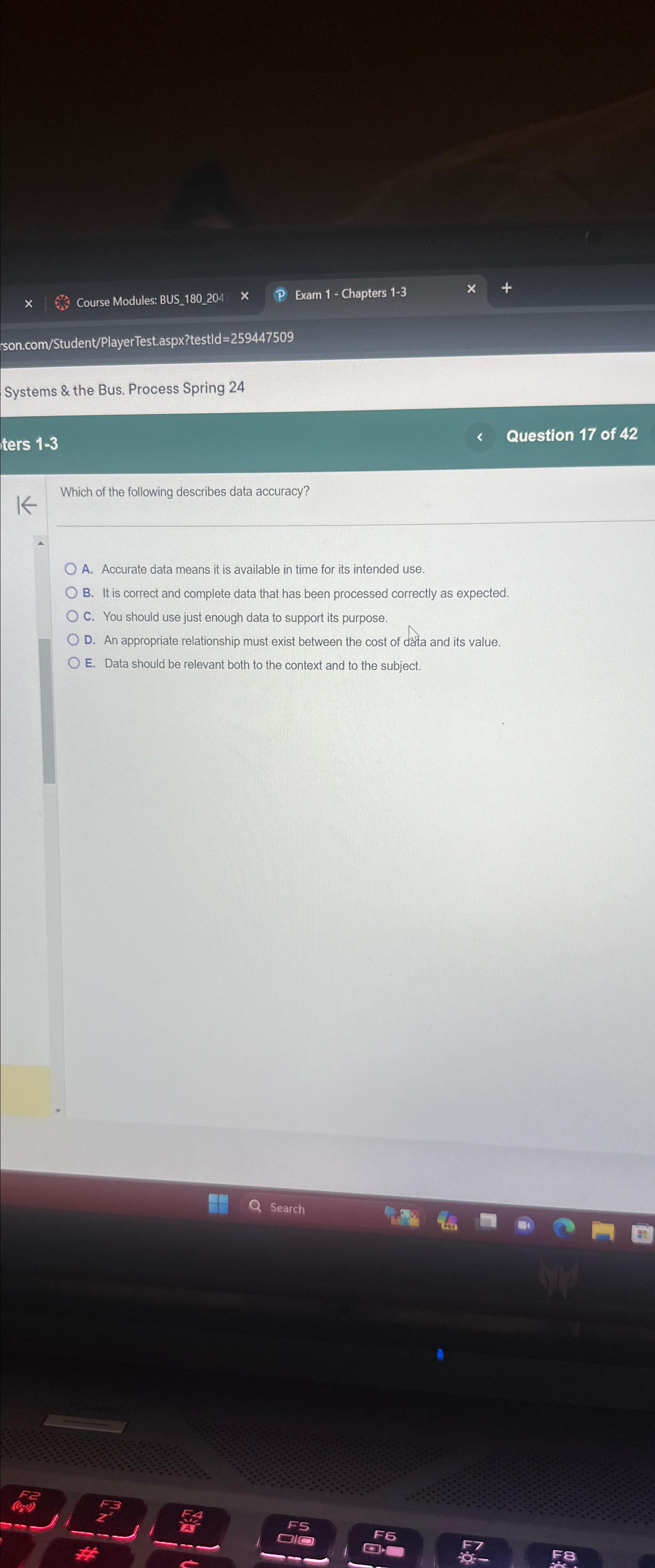  son.com/Student/PlayerTest.aspx?testld=259447509 Systems & the Bus. Process Spring 24 ters 1-3 Question