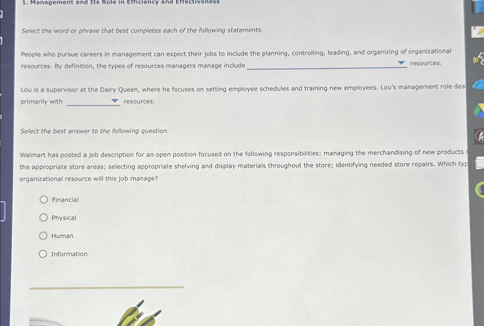  Management and Its Role in Efficiency and Effectiveness Select the word