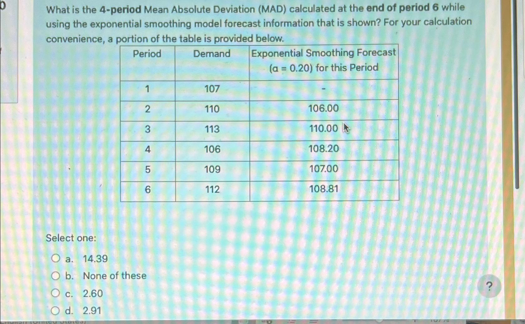  What is the 4-period Mean Absolute Deviation (MAD) calculated at the