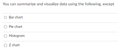 You can summarize and visualize data using the following, except Bar