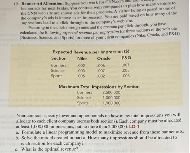 19. Banner Ad Allocation. Suppose you work for CNN.com and an