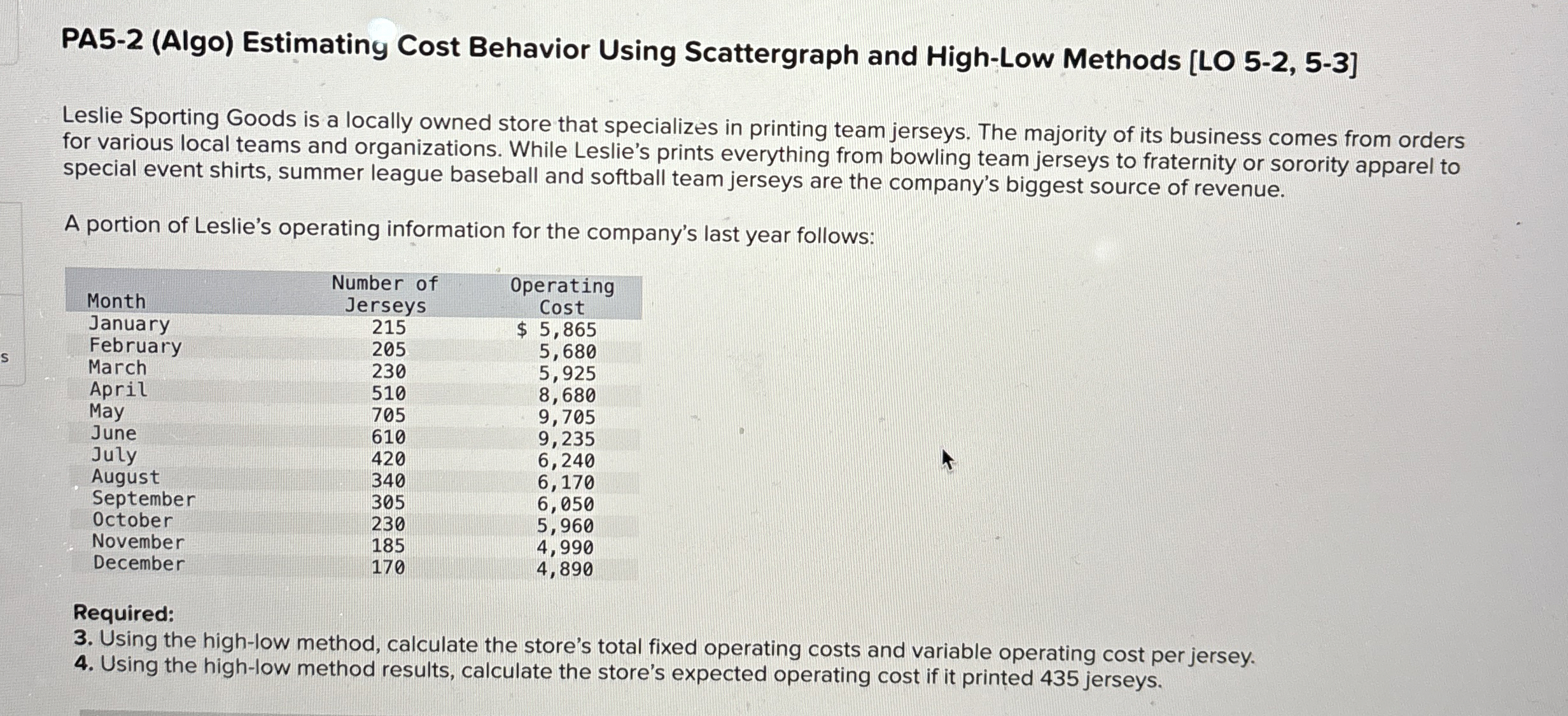  PA5-2(Algo) Estimating Cost Behavior Using Scattergraph and High-Low Methods [LO 5-2,5-3]