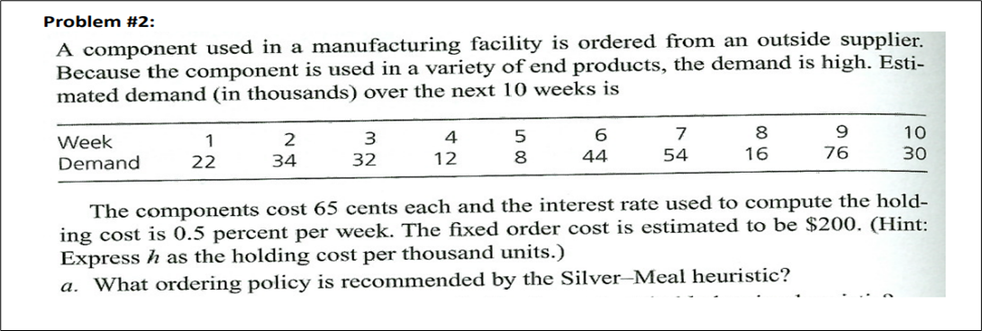  Problem \#2: A component used in a manufacturing facility is ordered