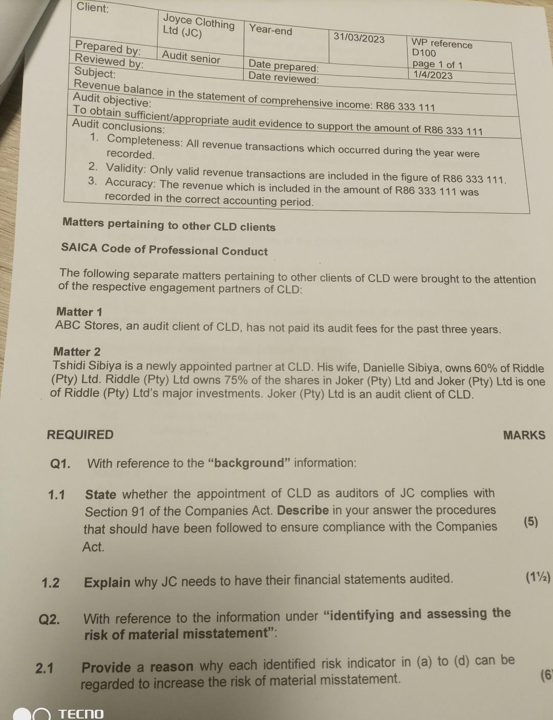 at Cooper, Lang and Diale Auditors (CLD), a medium-sized auditing firm founded