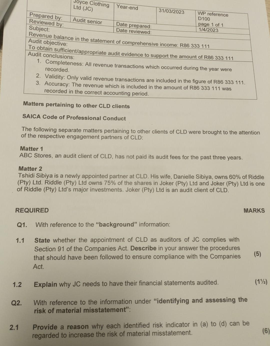 acquired client, Joyce Clothing Ltd (JC) for the year ended 31 March